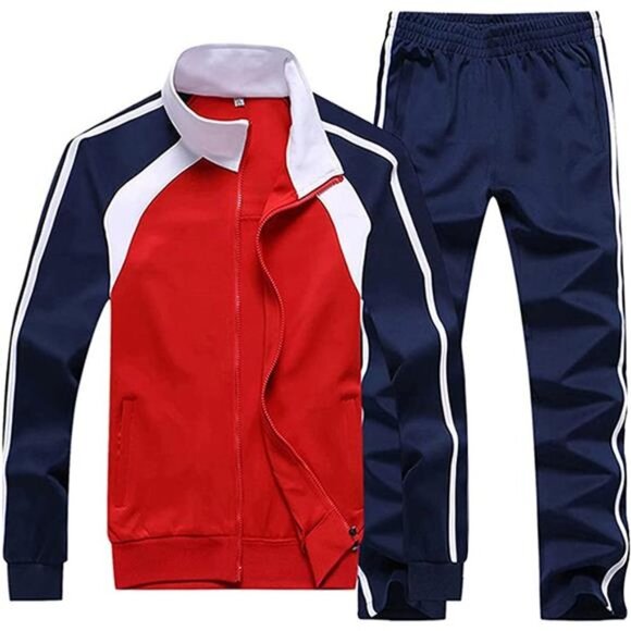 Athletic Running Tracksuit Set Casual Full Zip Jogging Sweat Suit Red